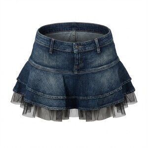 GUESS- Y2K VINTAGE- Denim Layered Mini Skirt with Ruffle Trim- SIZE 24👖💙✨